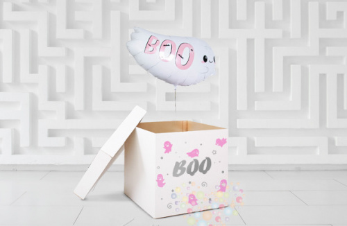 Коробка белая "BOO" с розовыми привидениями
